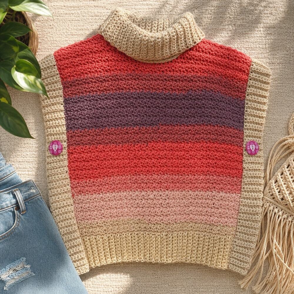 Hand Knit Multicolor Turtleneck Open Sides Poncho Vest I ❤️ You Buttons S/M